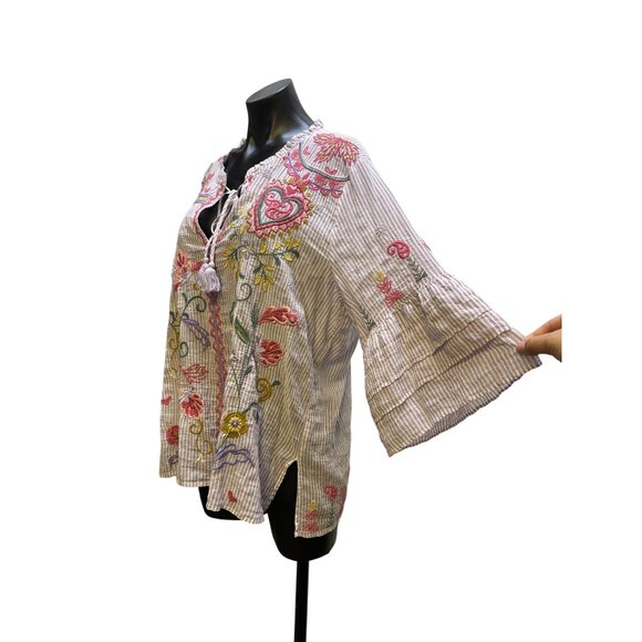 Johnny Was Workshop Purple & White Striped Embroidered Blouse Size L - Picture 5 of 7